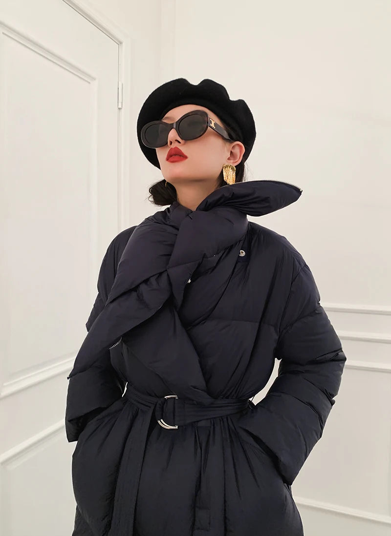 High end Ultra long White goose down Jacket For women Winter 2025 New Fashion Down Coat Female Thicken Parka Overcoat with belt