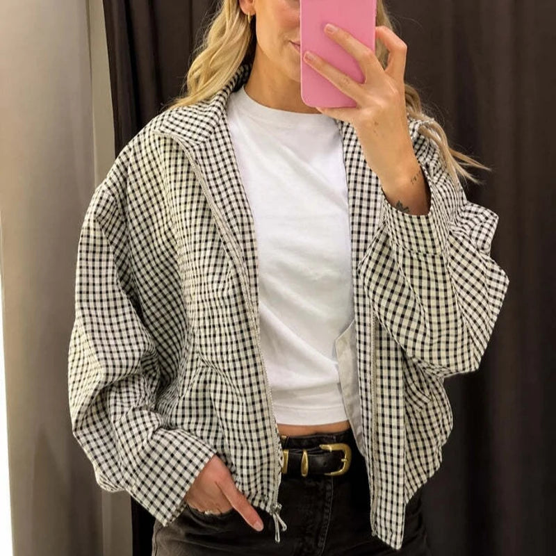 Women Casual Plaid Short Trench Coat Lapel Double Breasted Belted Waist Loose Long Sleeve Checkered Jacket Autumn Windbreaker
