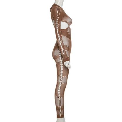 OMSJ High Stretchy Knitted Cut Out See-through Tight Jumpsuit High Waist Full Sleeve Hooded One Piece Nightclub Romper Partywear