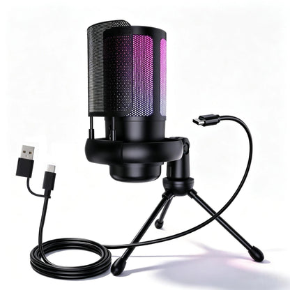 Gaming PC USB Microphone, Podcast Condenser Microphone, Mute Button, Gain Control For Live Chat, RGB PC Microphone For Live Gami