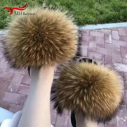 Real Raccoon Fur Slippers For Women 2026 Summer Fluffy Indoor House Fuzzy Flat Slides Outdoor Fashion Beach Sandals Flip Flops