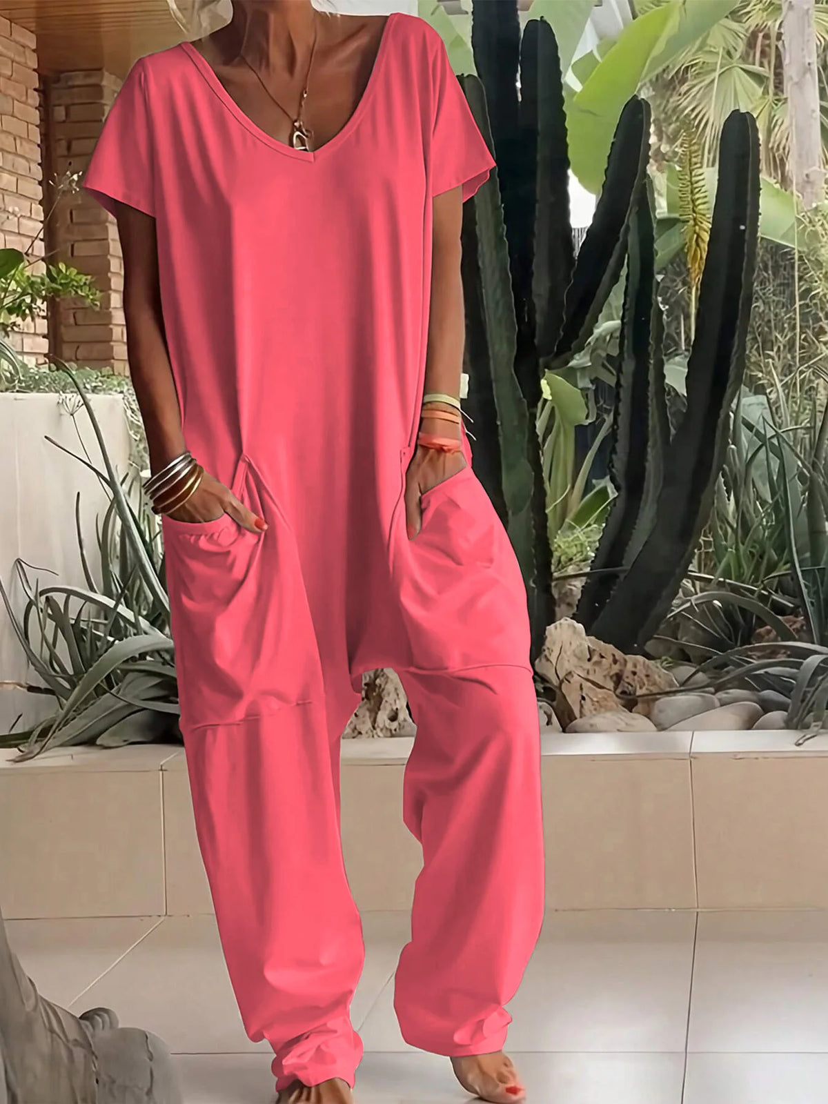 Women Summer Solid V Neck Jumpsuit European Hot Oversized Pockets Low Crotch Loose Rompers Ladies Casual Daily Outfit