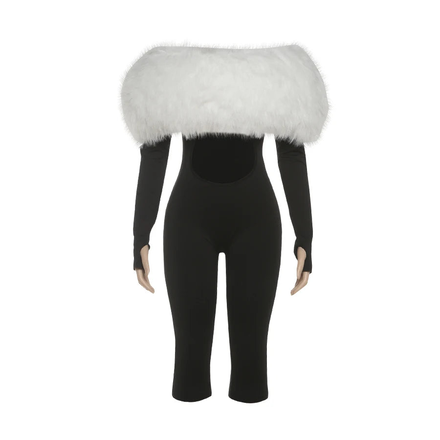 Weird Puss Furry Slash Neck Jumpsuit Woman Sexy Hollow Patchwork Full Sleeve Backless Skinny Hottie Street Autumn New Overalls