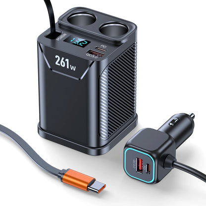 7 in 1 Cigarette Lighter Adapter Cup Holder 261W Car Charger Adapter with PD45W Charge 24V/12V Cigarette Lighter LED Voltmeter