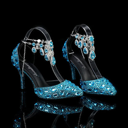 2024 Autumn Slim Heels Shallow Mouth Luxury Blue Water Diamond Pearl Women Single Shoes 9CM Wedding Party Shoes Sandalias Mujer