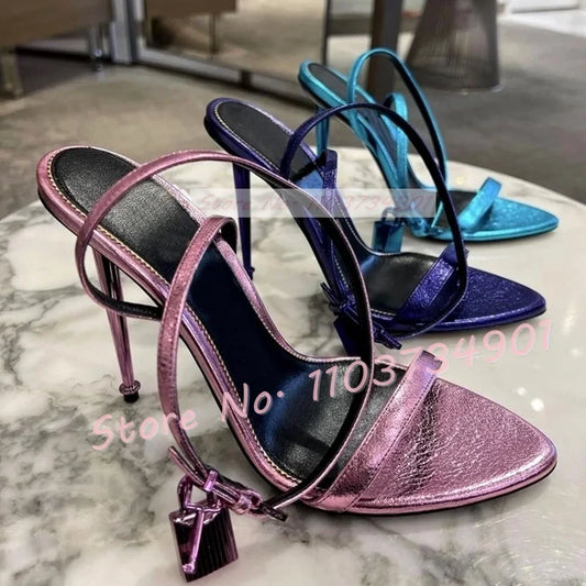 Metal Heel Lock Metallic Leather Sandals Female Luxury Open Toe Stiletto High Heels Shoes Lady Elegant Party Ankle Strap Sandals