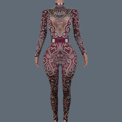 Women Sparkly Rhinestone Pearls Spandex Jumpsuit Nightclub Party Stage Performance Bodycon Wear Sexy Printing Jumpsuit Quanquan
