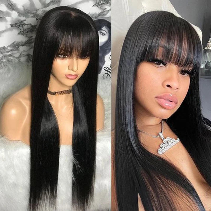 38 inch Straight Lace Front Wig With Bangs Fringe Human Hair Wigs 360 HD Full Lace Frontal Wig With Bang On Sale Clearance Cheap