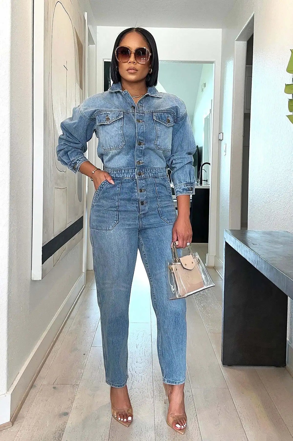 Winter Autumn Jeans Stretch Jumpsuit Sexy Women Turn Down Collar Elegant Denim Straight Romper Overalls