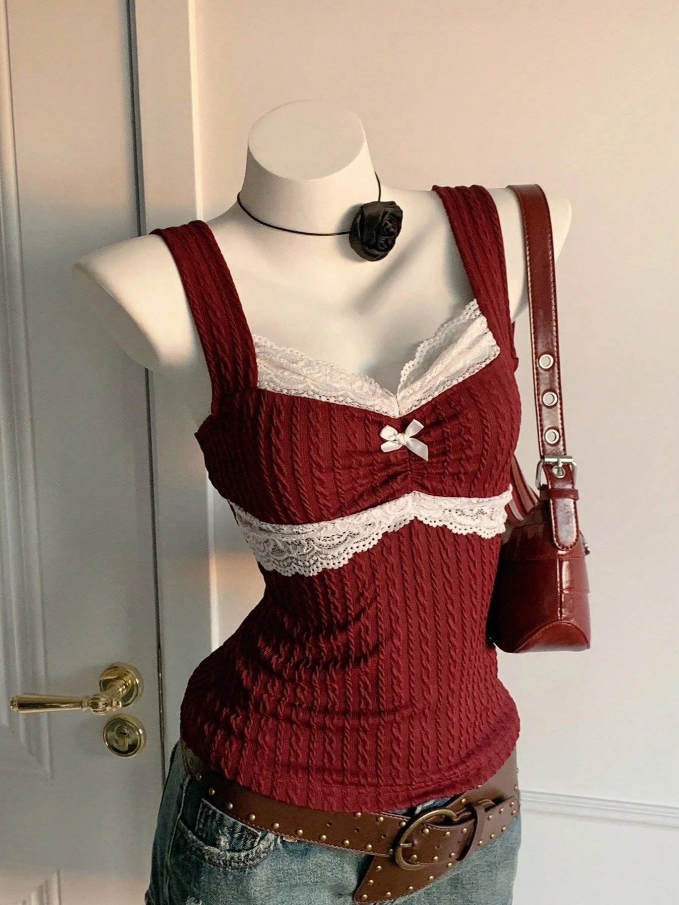 Y2K summer fashion new patchwork lace bow decoration pure desire vest, versatile top for wearing outside