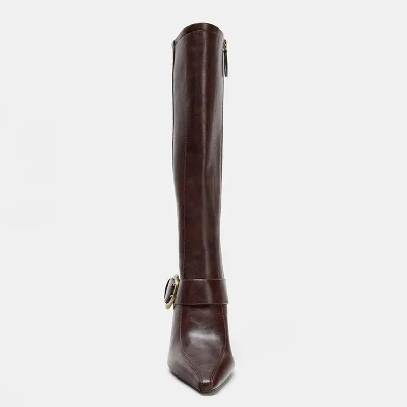 Winter Fashion Sexy Soft Leather Knee High Boots Women Metal Belt Buckle Ladies Zip Pointed Toe Designer Heels Long Shoes