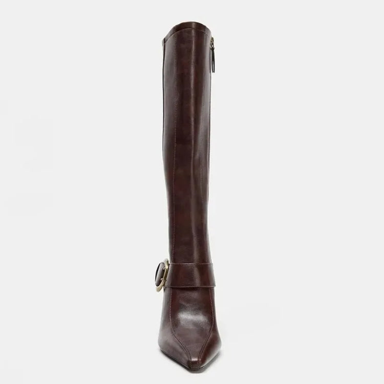 Winter Fashion Sexy Soft Leather Knee High Boots Women Metal Belt Buckle Ladies Zip Pointed Toe Designer Heels Long Shoes