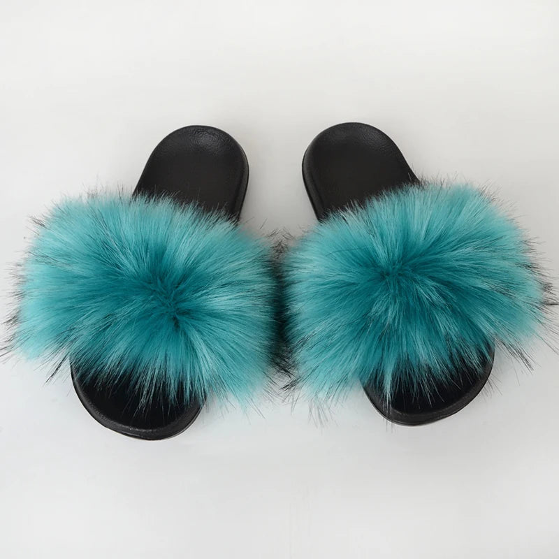 Women's Summer Faux Fur Fox Fur Slippers Fashion Luxury Indoor and Outdoor Non-Slip Solid Color Flat Bottom Furry Sandals