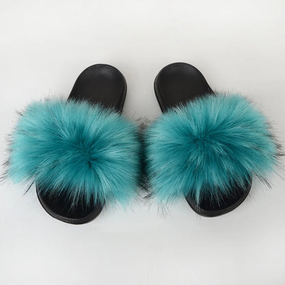 Women's Summer Faux Fur Fox Fur Slippers Fashion Luxury Indoor and Outdoor Non-Slip Solid Color Flat Bottom Furry Sandals