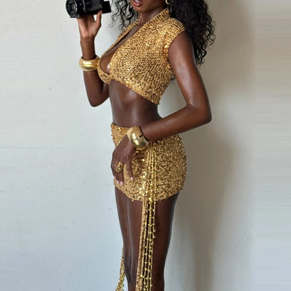 Women Fashion Sequined Party Set Casual Short Sleeve Tassel Mini Skirt 2Pc Suits 2026 Elegant V-neck Crop Top with Skirt Outfits