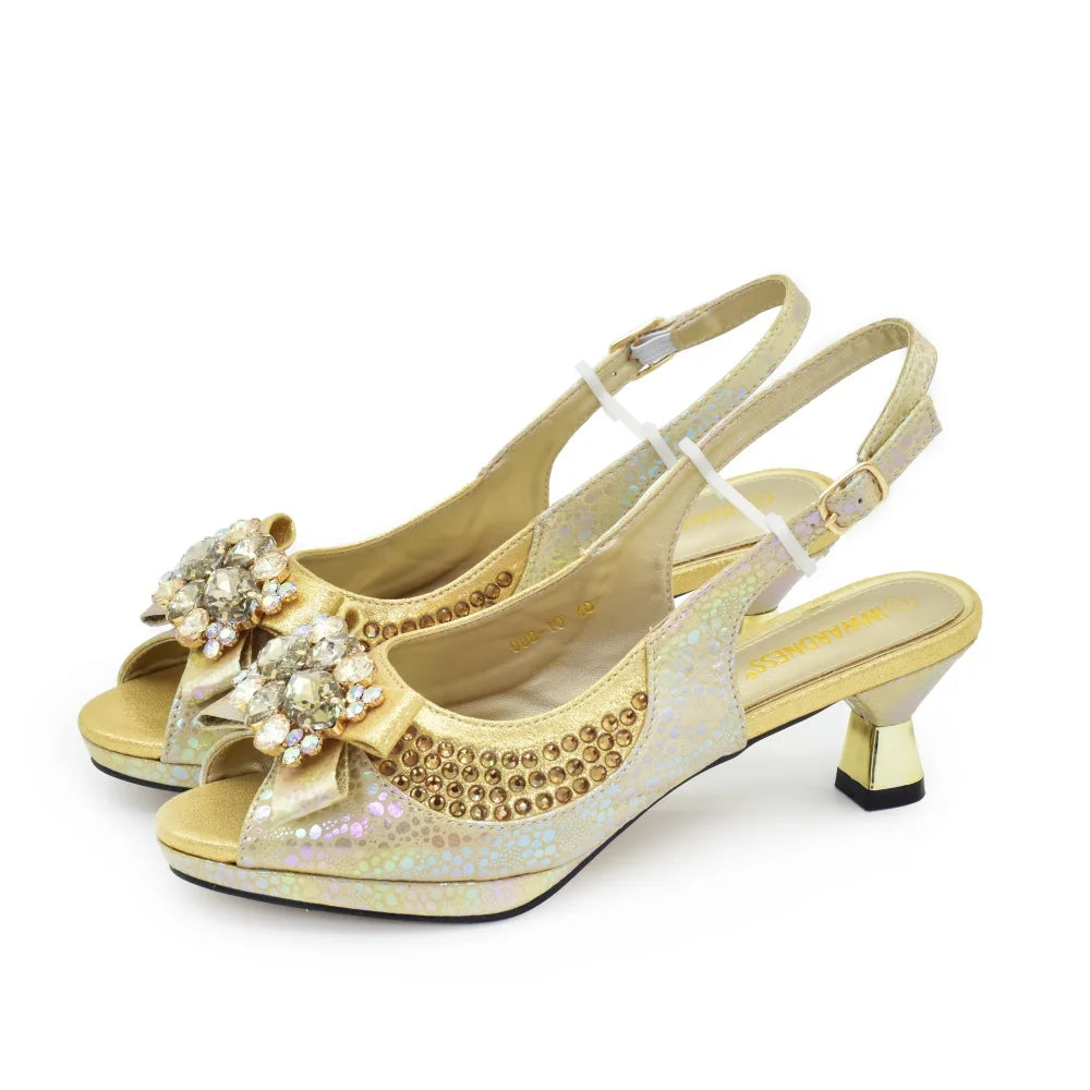 Nigerian Heel Party for Women Gold Color Shoes and Bag Set Rhinestone Handbag Italian Design Wedding Pumps Women Shoes Luxury