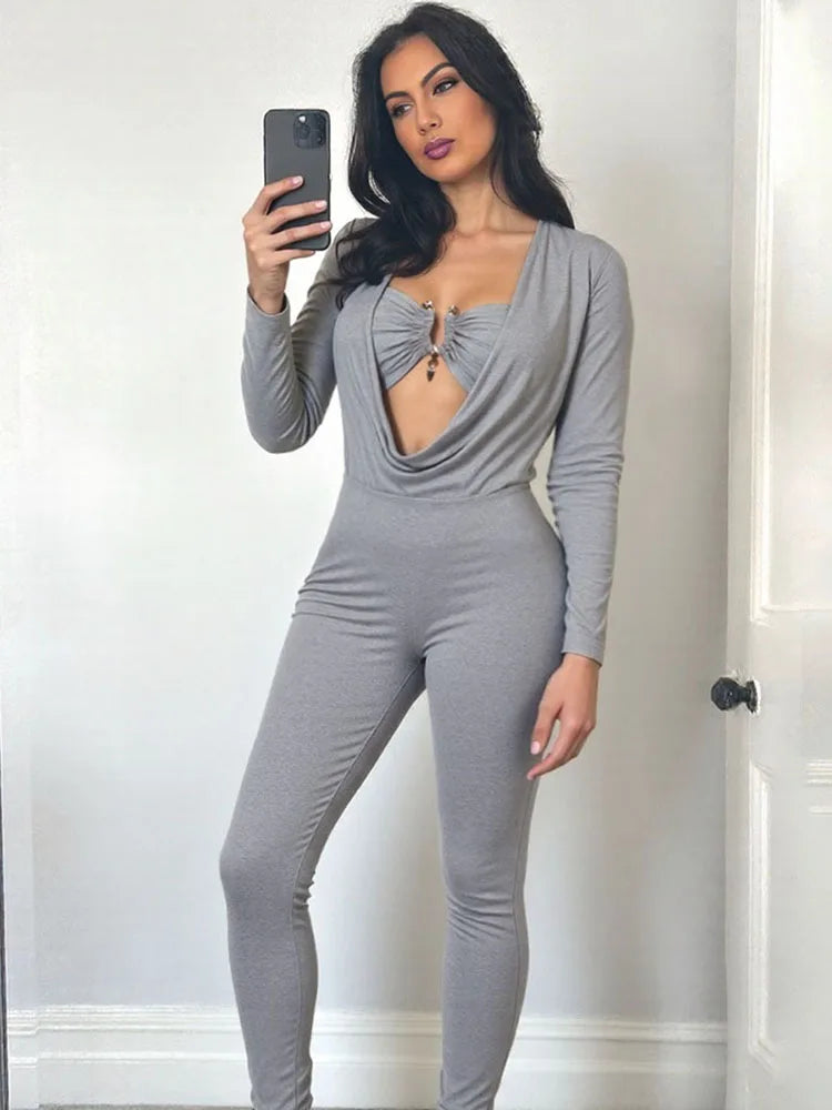 Sisterlinda Swinging Neck Slim Jumpsuits Sexy Hot Solid Cleavage Full Sleeve Elastic Overalls+Inside Chest Tanks Mujer Clubwear