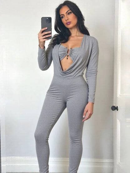 Sisterlinda Swinging Neck Slim Jumpsuits Sexy Hot Solid Cleavage Full Sleeve Elastic Overalls+Inside Chest Tanks Mujer Clubwear