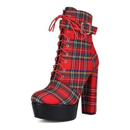 Mixed Colors Red Pointed Toe Belt Buckle Mid-Calf Lace Up Women Boots Stiletto High Heels Side Zipper Design Large Size Shoes