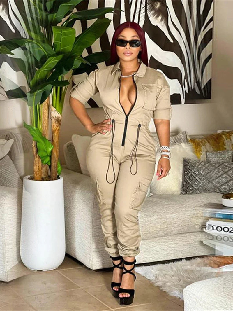Fashion Cargo Jumpsuits Autumn Clothing Women 2026 Full Sleeve Zip Up Pockets Long Rompers Playsuits One Pieces Overalls Outfits