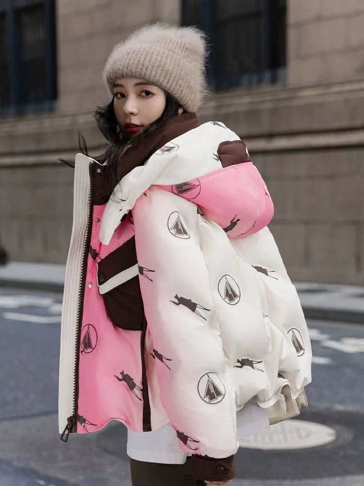 Winter Patchwork Hooded Parkas Jacket Women White Duck Down Puffer Thicken Jacket Women Double Pocket Loose Short Outwears Coat