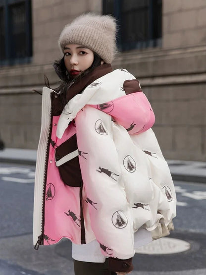 Winter Patchwork Hooded Parkas Jacket Women White Duck Down Puffer Thicken Jacket Women Double Pocket Loose Short Outwears Coat