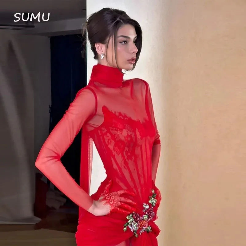Customized Evening Dress   High-neck Fashion Flowers Backless Full Sleeve Prom Gown Floor-length Lace-up Party Gown