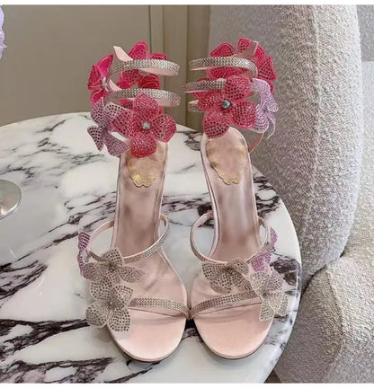 Luxury Rhinestones Flowers Women Gladiator Sandals Sexy Snake Twine Ankle Strap High heels Summer Wedding Prom Shoes Sandalias