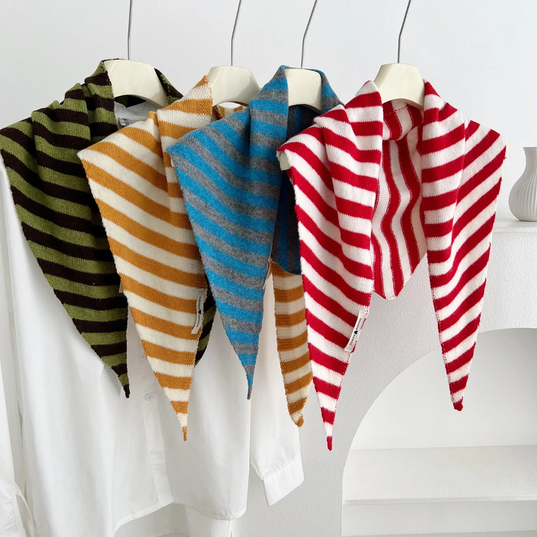 Versatile Striped Knitted Triangle Shawl Scarf Women Winter Warm Neck Wrap Casual Layering Scarves for Daily Street Accessory