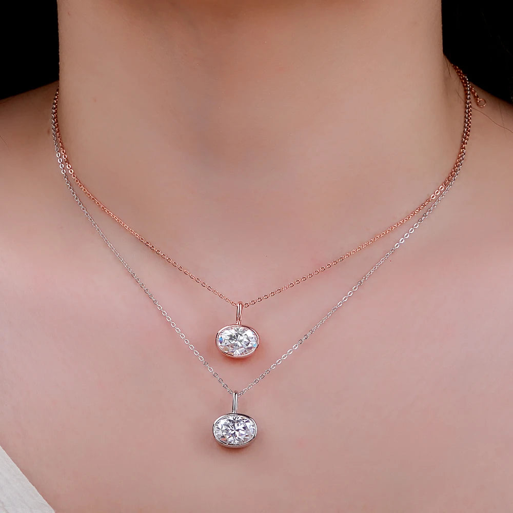 Bezel Set 2-4Carat East West Oval Cut Moissanite Pendant Necklace for Women S925 Silver 18k Gold Plated Neck Chain Jewelry Gift
