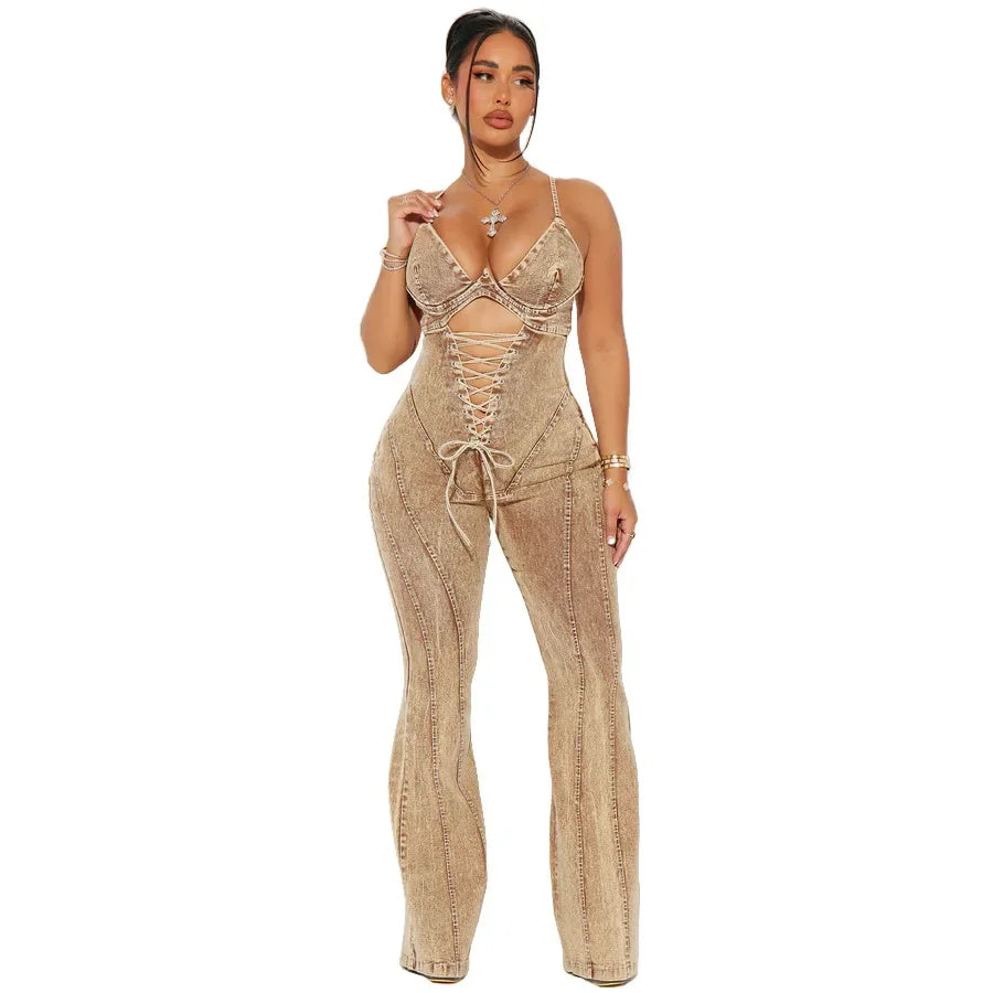 Women Strapless Strap straight Jeans washed Denim Jumpsuits 2025 summer Street Cargo Playsuit One Piece Suit Rompers