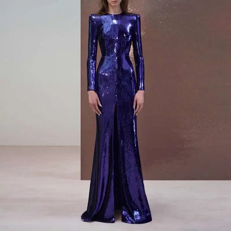 Eshin Women's Blue Sequin Long Sleeve Maxi Dress Elegant Formal Gown Floor Length Sparkly Evening Party Chic Style SA457