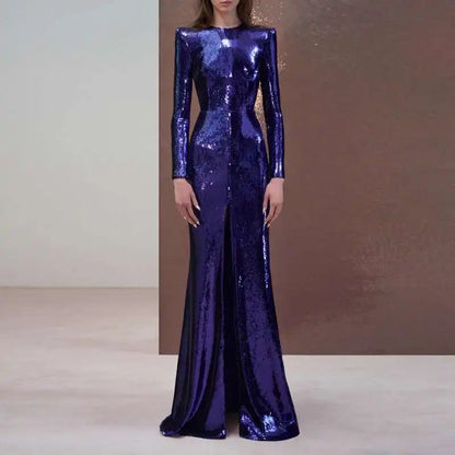 Eshin Women's Blue Sequin Long Sleeve Maxi Dress Elegant Formal Gown Floor Length Sparkly Evening Party Chic Style SA457