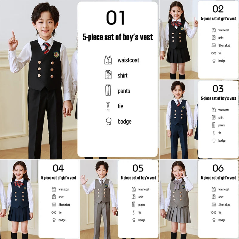 5 Pcs British Style College Kindergarten School Uniform JK Outfits Kid Shirt Pleated Skirt Suit Chorus Performance Costume Dress