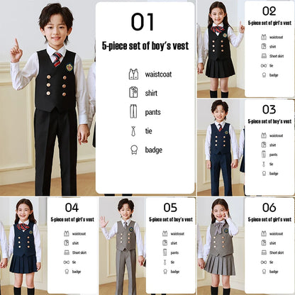 5 Pcs British Style College Kindergarten School Uniform JK Outfits Kid Shirt Pleated Skirt Suit Chorus Performance Costume Dress