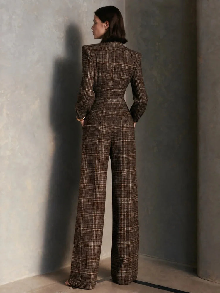 Temperament Plaid Printed Jumpsuit For Women Spring Autumn Fashion High Waist Wide Leg Romper Ladies Casual Jumpsuit With Pocket