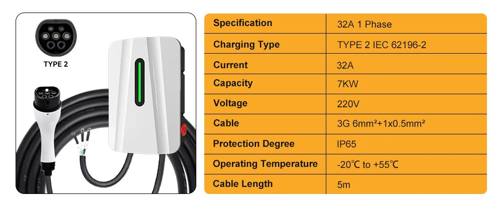 JDMEX 7KW EV Charging Station Type1 Type2 GBT 32A 1Phase Electric Vehicle Charger IP55 5M EVSE LED Wallbox Charger With Holder
