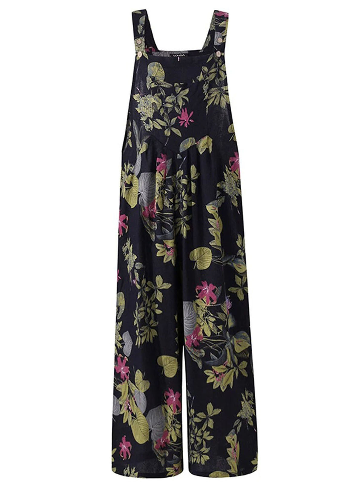 Women Plus Sizes Jumpsuit Leaf Floral Print Square Neck Sleeveless Fashion Casual Overalls with Pockets