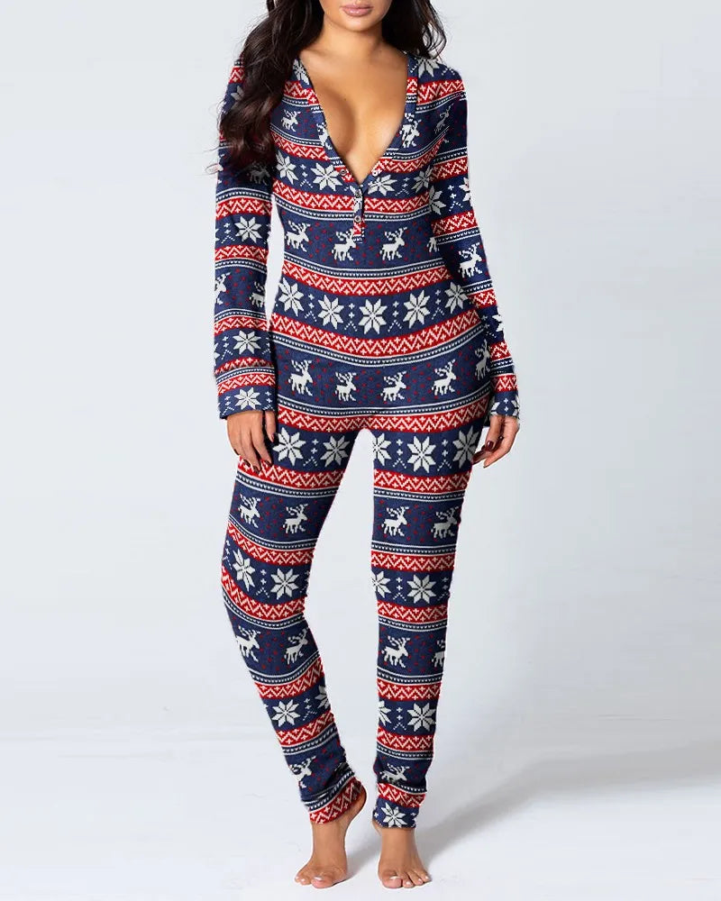 Sexy Pyjama Women's Long Sleeves Homewear Suit Button-Down Front Back Butt Bum Open Ass Flap Jumpsuit Loungewear Christmas Print