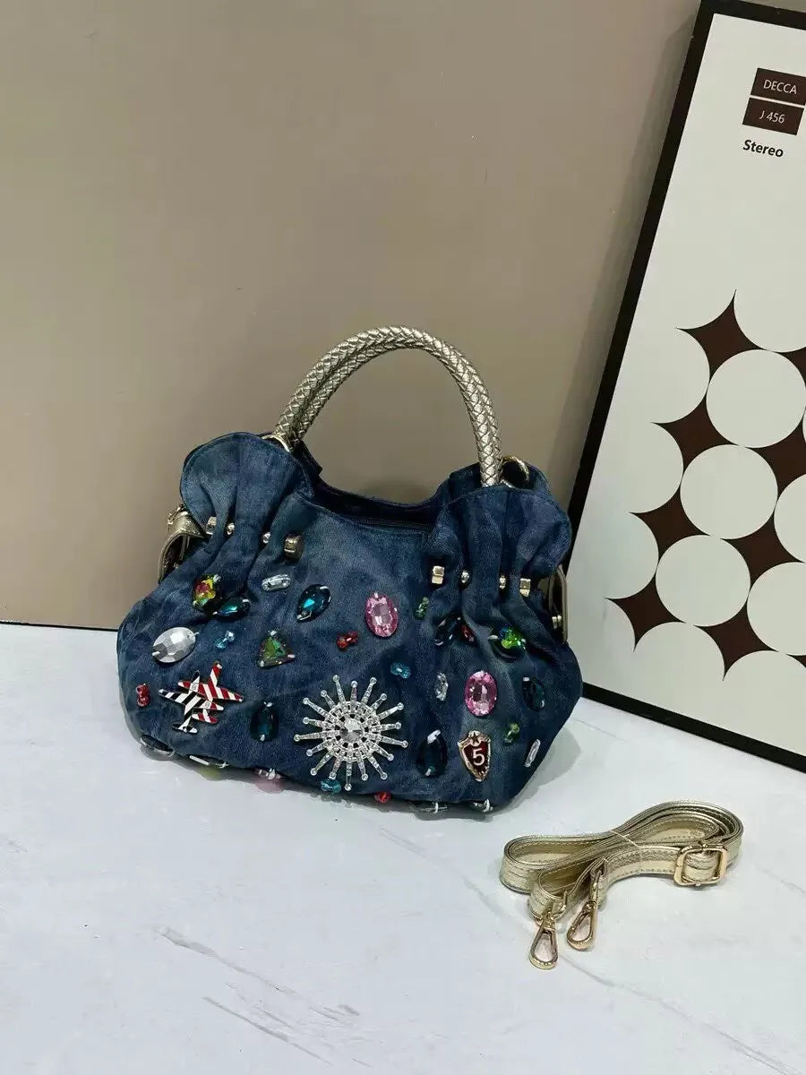 New Luxury Women Denim Bags Sweet Blue Pattern High Quality Handbags With Purses Diamond Ladies Tote Bag Messenger Bags
