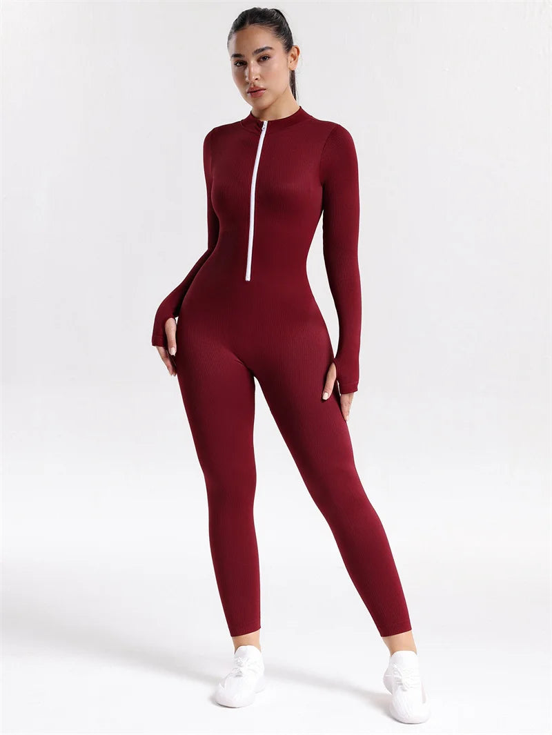 Screw Zipper Long Sleeve Jumpsuit Woman Slim Gym Workout Running Yoga Jumpsuits Women V Neck Tight Sports Fitness Clothes