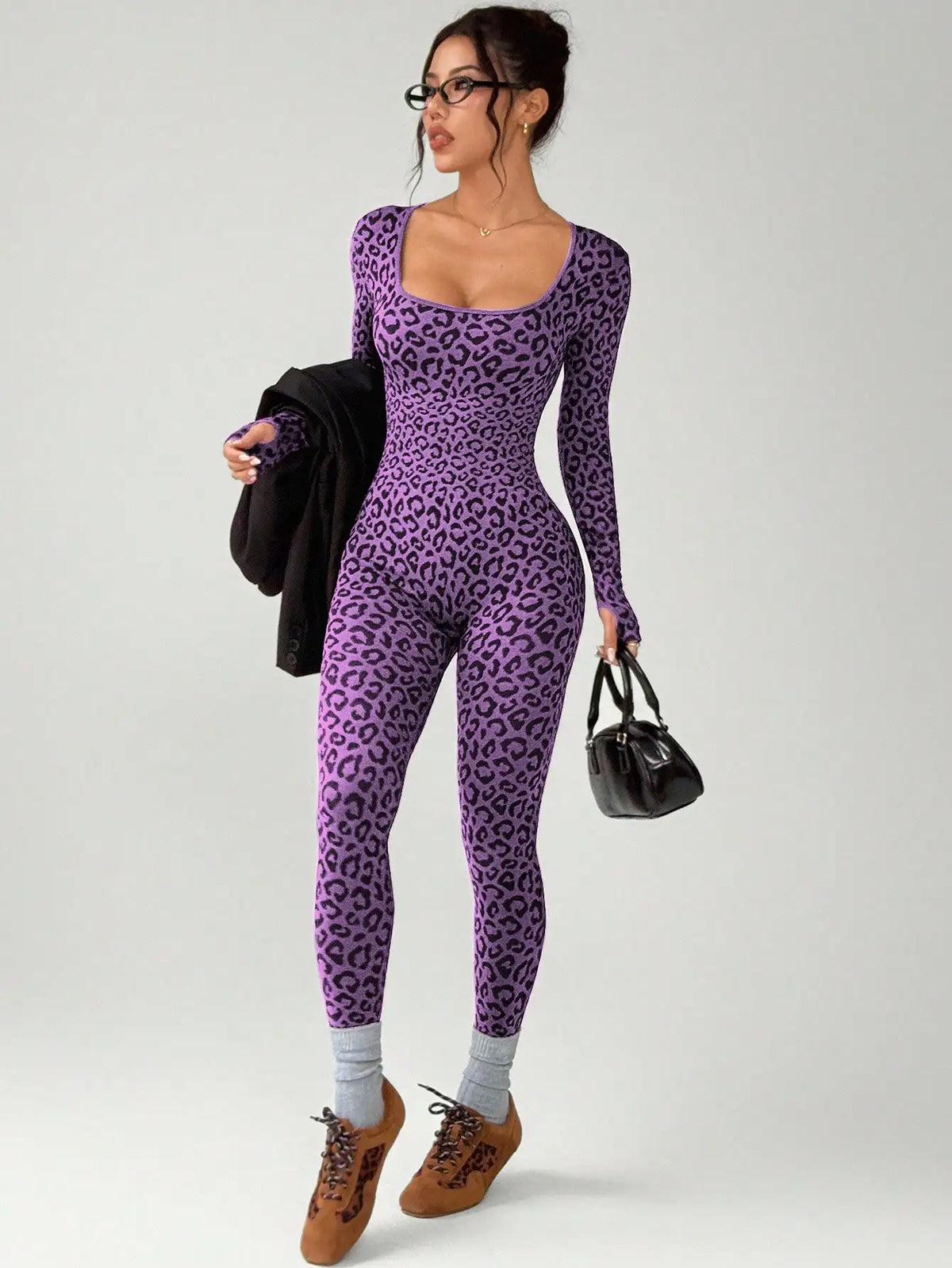 Women Leopard Print Tight Jumpsuit Slimming Hip Hugging Long Sleeve U Collar Stretchy
