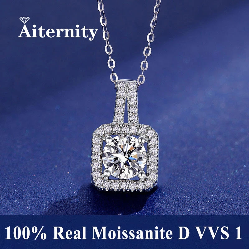 Silver 925 6 Prong Moissanite Pendant Necklace for Women Trendy Design D Color VVS Pass Diamond Testing Jewelry with Box GRA
