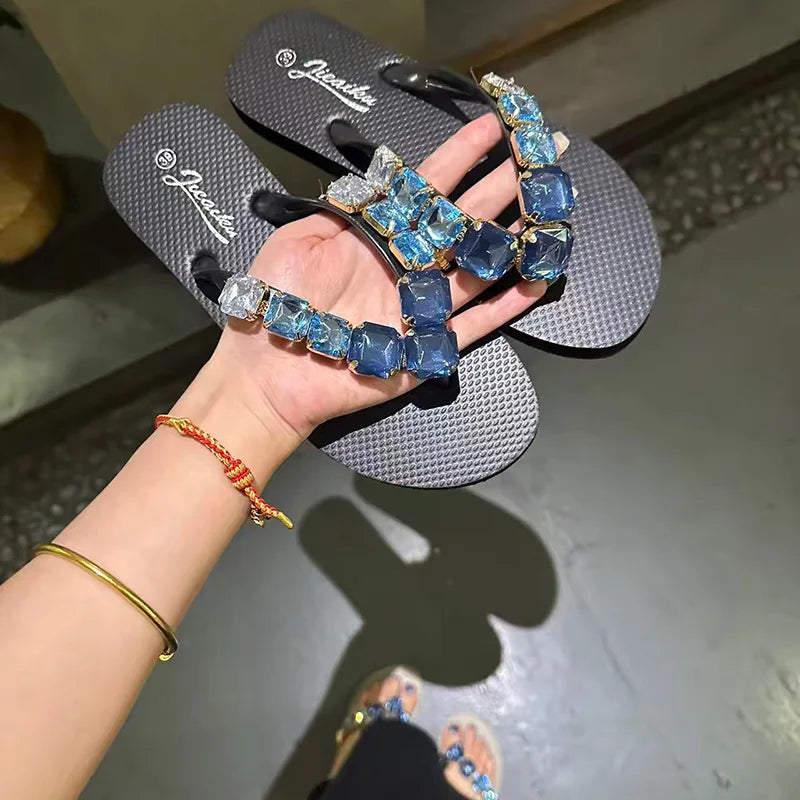 Square Rhinestone Flip-Flops Popular in Ins Summer Blingbling Star Street Shooting Slope Heel Slippers Women Flat Beach Slippers