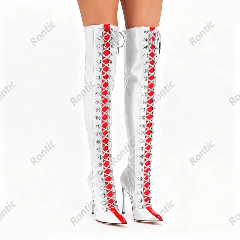 Rontic Custom Crafted Blue Thigh High Boots Stiletto Heel Design Red Detail Laces Pointed Toe Patent Leather Artisan Size 5-15