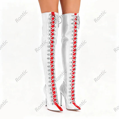 Rontic Custom Crafted Blue Thigh High Boots Stiletto Heel Design Red Detail Laces Pointed Toe Patent Leather Artisan Size 5-15