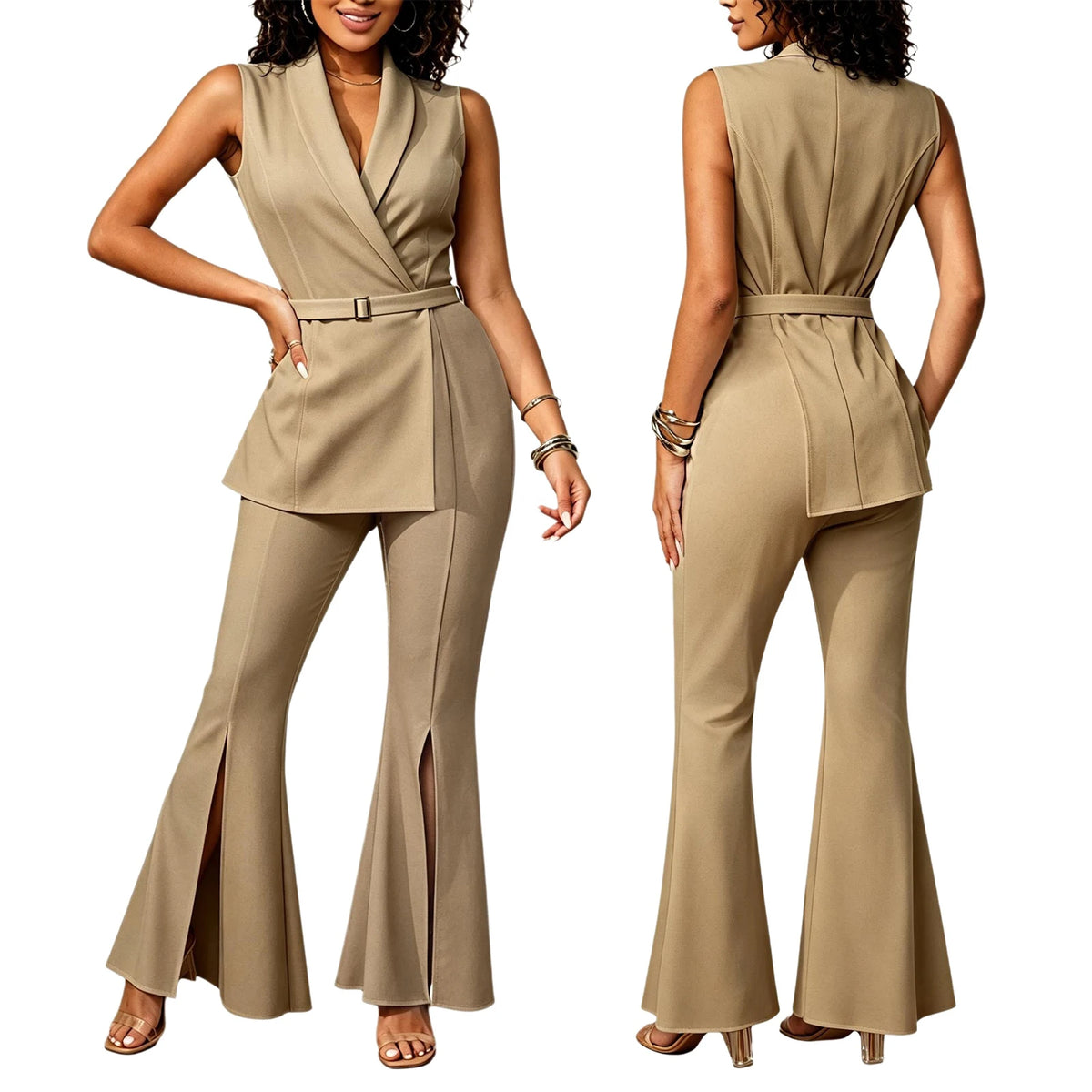New Women V-neck Sleeveless Work Jumpsuit Elegant Lady Lapel Side Zip Split Flared Rompers Bodysuit for Club Vacation Daily Wear