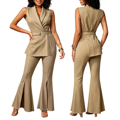 New Women V-neck Sleeveless Work Jumpsuit Elegant Lady Lapel Side Zip Split Flared Rompers Bodysuit for Club Vacation Daily Wear