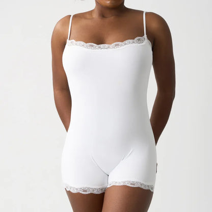 New Women's Sexy Square Neck Lace Panel Bodysuit Sleeveless Spaghetti Strap Jumpsuit Solid Color Slim Bodycon Rompers Tank Tops