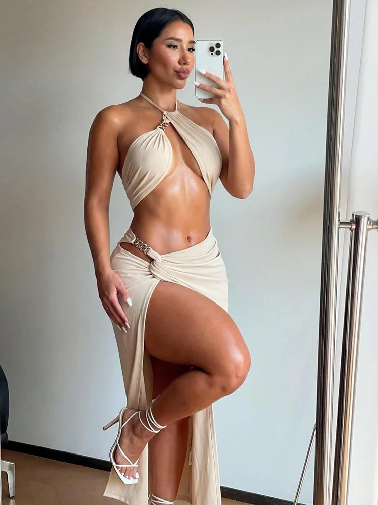 Weird Puss Metal Chain Patchwork 2 Piece Set Woman Halter Off Shoulder Irregular Tank Tops+High Splits Long Skirts Sexy Outfits